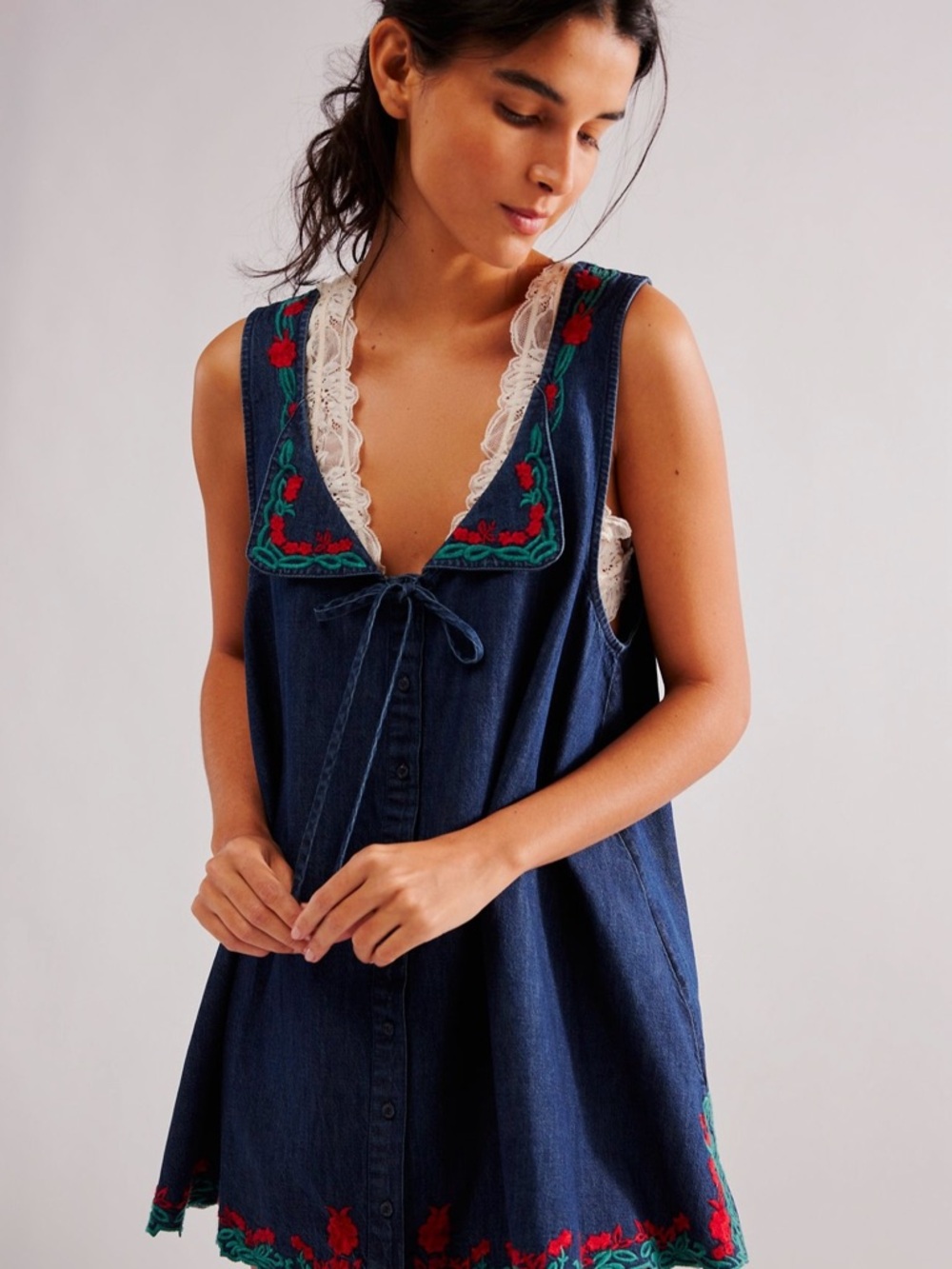 Free People Zina Denim Tunic with Red Floral Accent